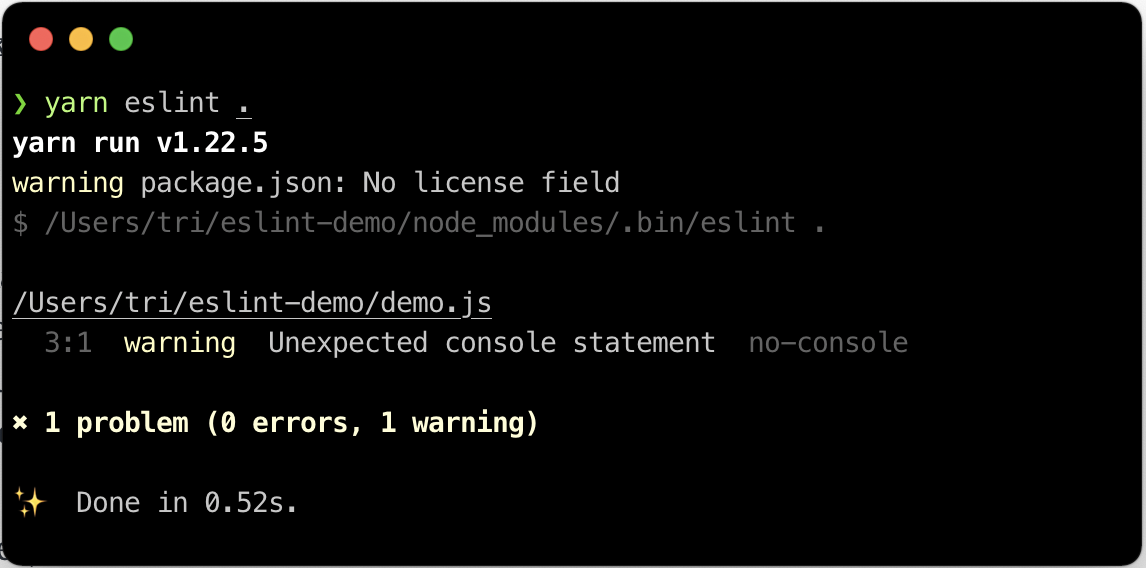 Warning dari Eslint. Tidak boleh ada console.log di dalam kode